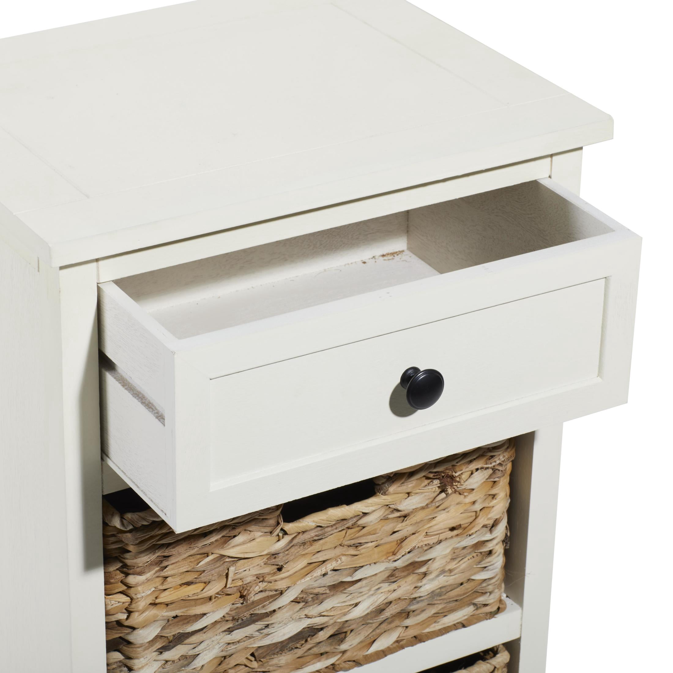 DecMode 16" x 28" Cream Wood 1 Drawer Storage Unit with 2 Wicker Basket Drawers, 1-Piece