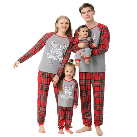 

Canis Family Matching Pajamas Set Adult Kids Baby Deer Printed Tops+Plaid Pants Sleepwear Nightwear Set
