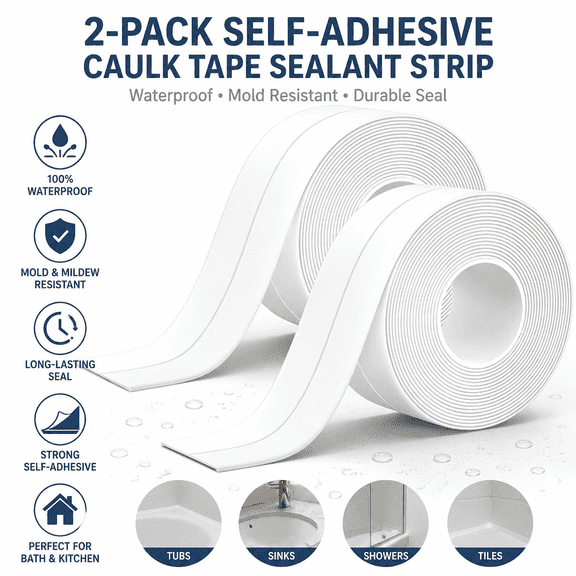 2-Pack Self-Adhesive Caulk Tape Sealant Strip for Bath & Kitchen, Waterproof Tub and Wall Sealing Tape for Showers, Tiles, Sinks.