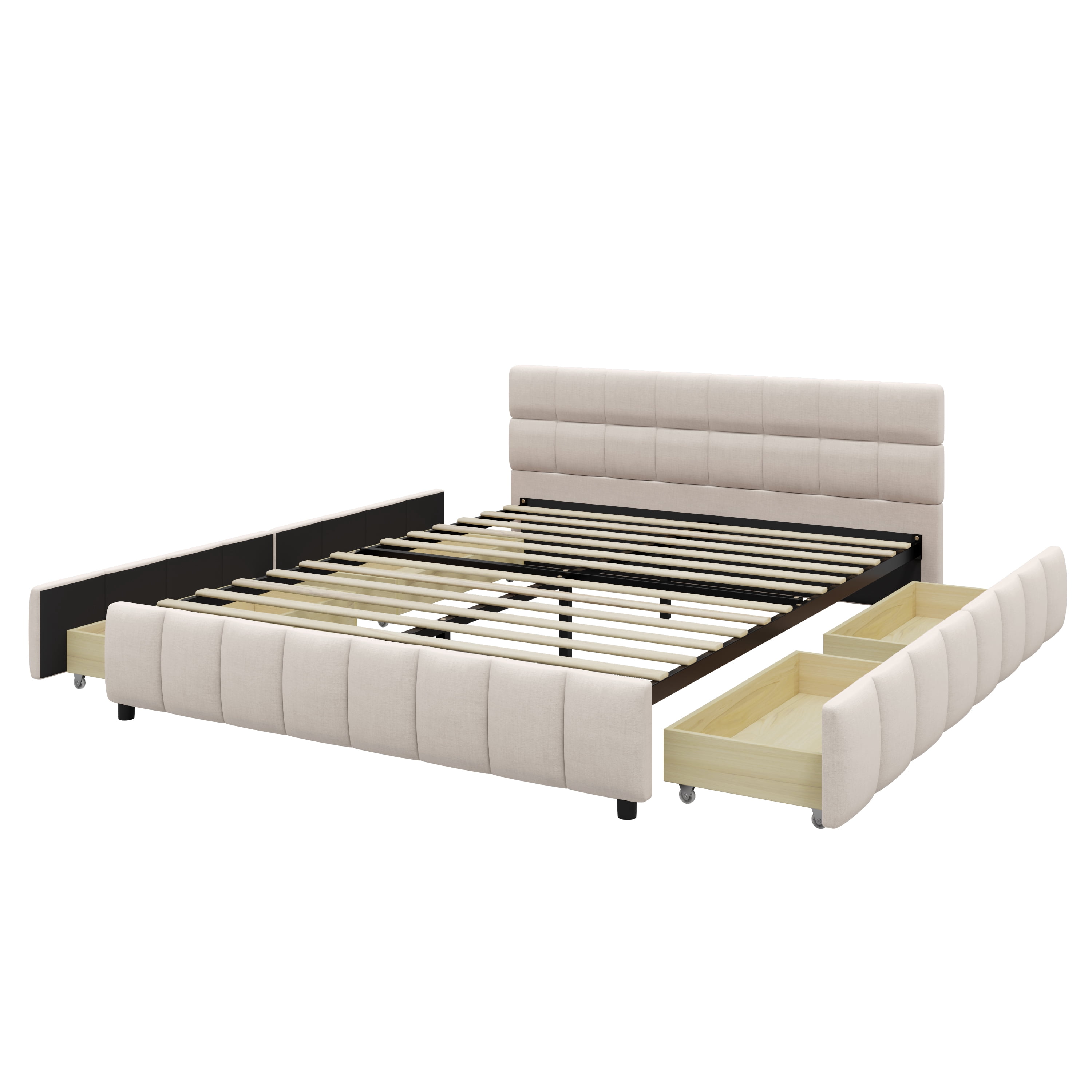 Howcool Queen Size Upholstered Platform Bed Frame with 4 Storage Drawers,Tufted Headboard,Linen Low-profile Bed with Wooden Slats,No Box Spring Needed,Beige