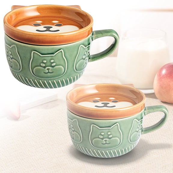 Meal Mugs With Lids Cute Ceramic Soup Mug With Plate Lid And Handles Oven Microwave And Dishwasher Coffee Cups Ramen Noodle Oatmeal Cereal Travel Lunch Container,kitchen drinking cups