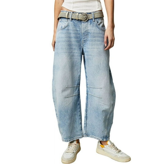 Women'S Vintage Low Waist Stretchy Boyfriend Wide Leg Jeans Butt Lifting Baggy Denim Pants Light Blue M