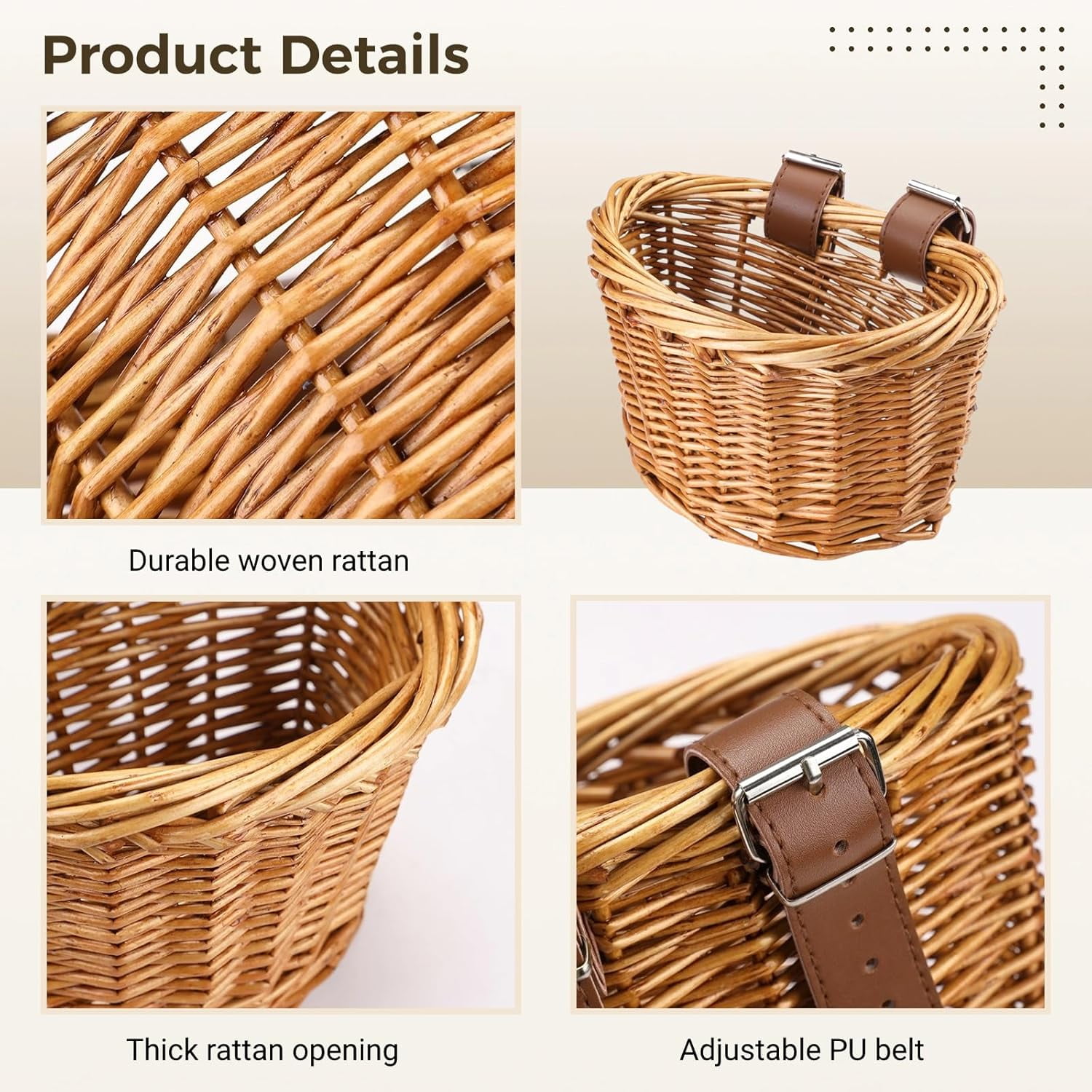 Bike Basket with Adjustable PU Belts, Handmade Woven Rattan Front Handle Basket for Bicycle