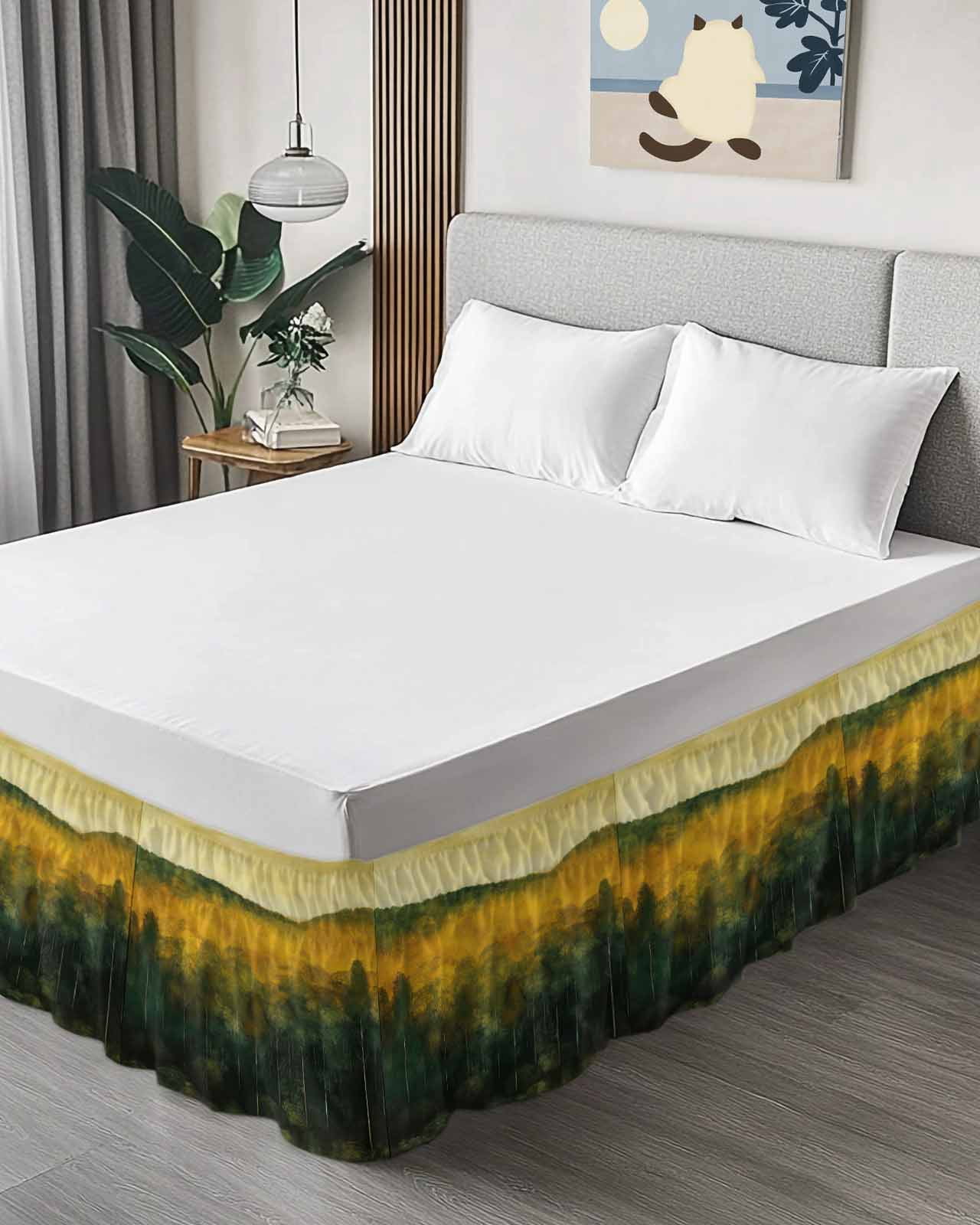 Green Yellow Forest Wrap Around Bed Skirts for King Bed 16" Drop, Bed Skirt with Adjustable Elastic Belt Dust Ruffle Bed Valance for Bedroom Hotel Luxury Oil Painting Landscape Bed Frame Cover