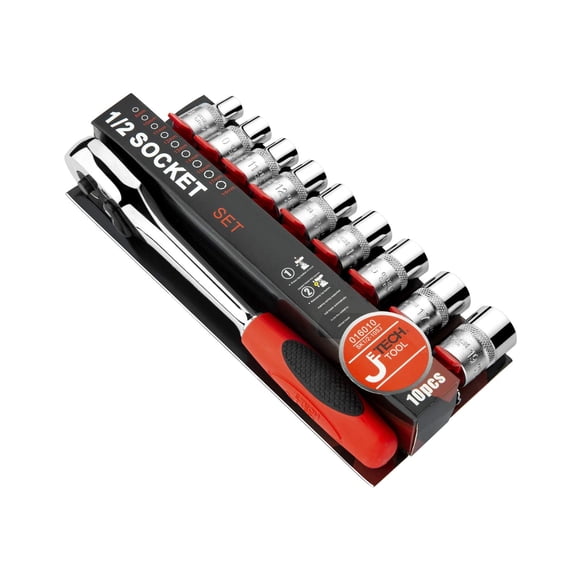 Jetech Clé à Cliquet à 45 Dents pour Douilles à Entraînement 1/2 Pouces, Ensemble, 9 Prises Métriques (8 mm-19 mm), Réversible à Dégagement Rapide, Comprend un Support de Rangement