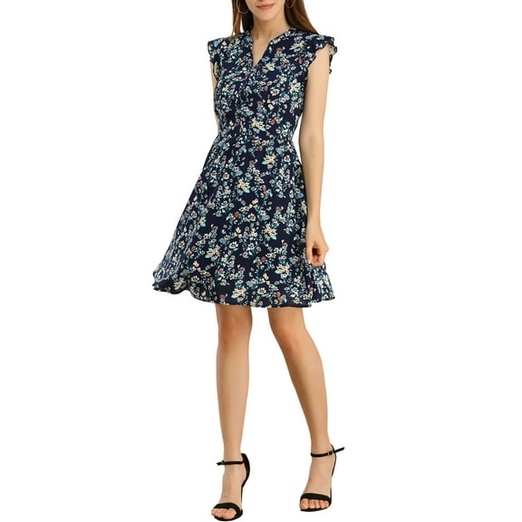Allegra K Women's Cap Sleeve Ruffle V-Neck Floral Summer Casual Dress