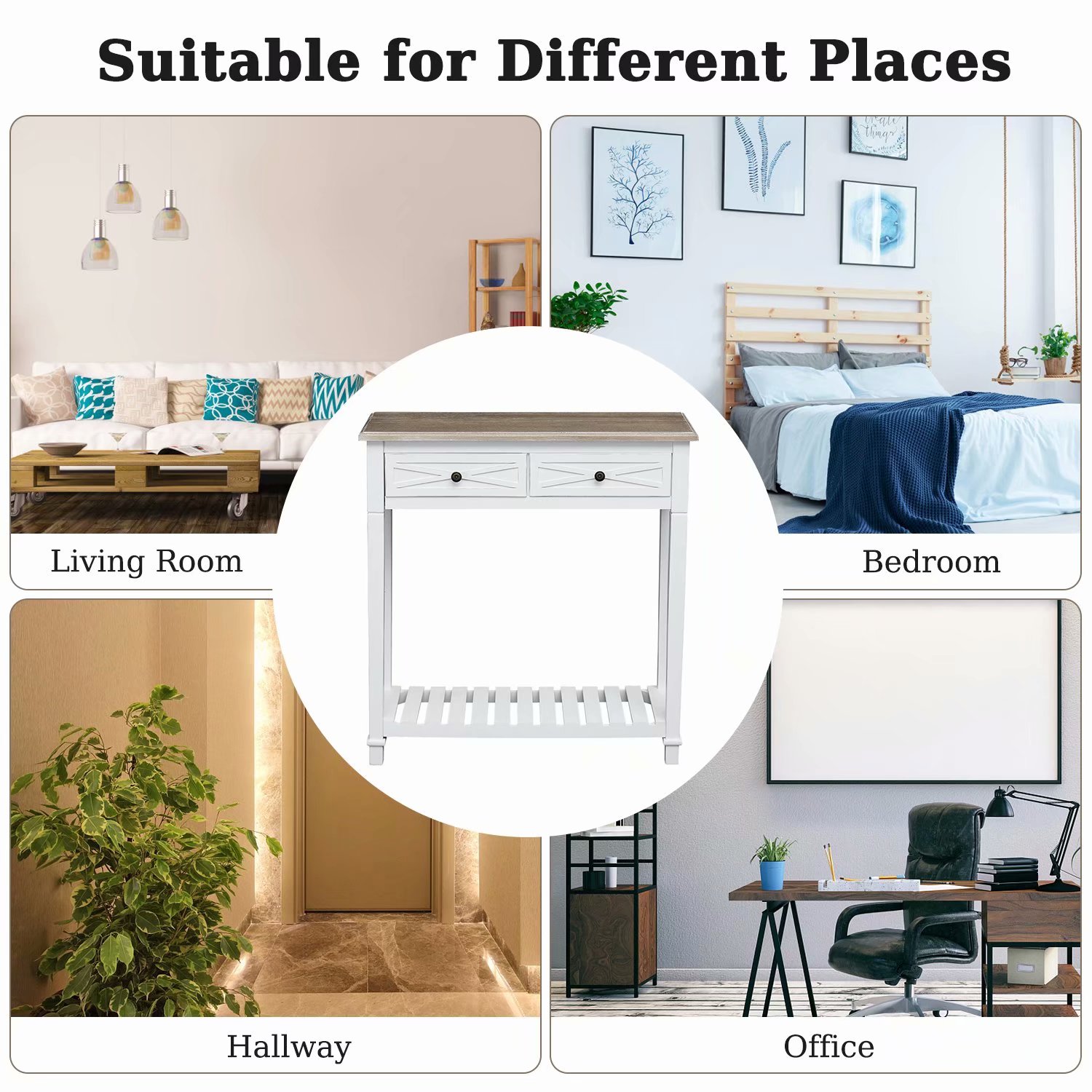 Kinbor Modern Console Table 2 Drawer and Storage Shelf for Entryway Living Room Hallway White