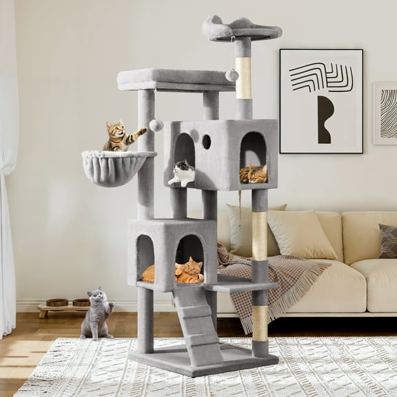 Allewie 64 Inches Cat Tree Tower, Multi-Level Activity Center for Indoor Big Felines, 2 Plush Condos, 2 Perchs, Basket, House, Sisal Scratching Posts, Hanging Cat Toys, Grey