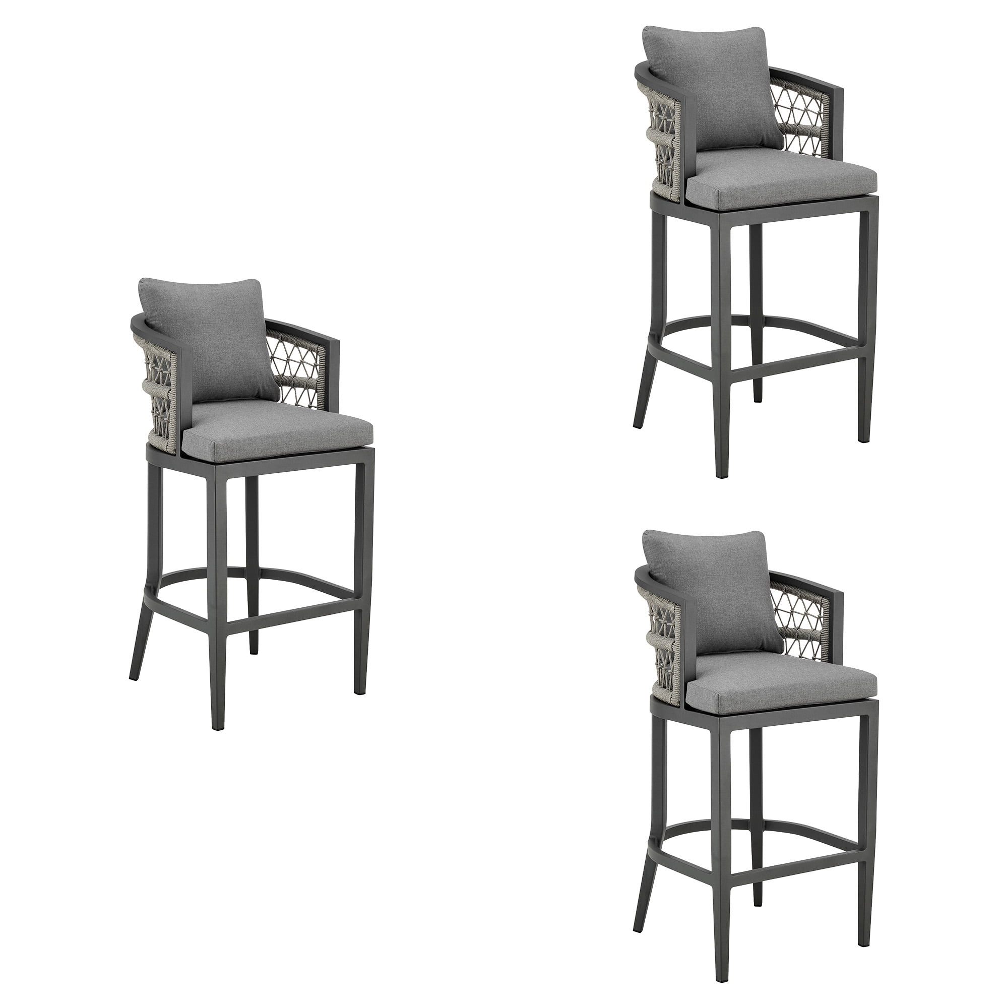 Zella Outdoor Patio Bar Stool in Aluminum with Light Gray Rope and Earl Gray Cushions - Set of 3