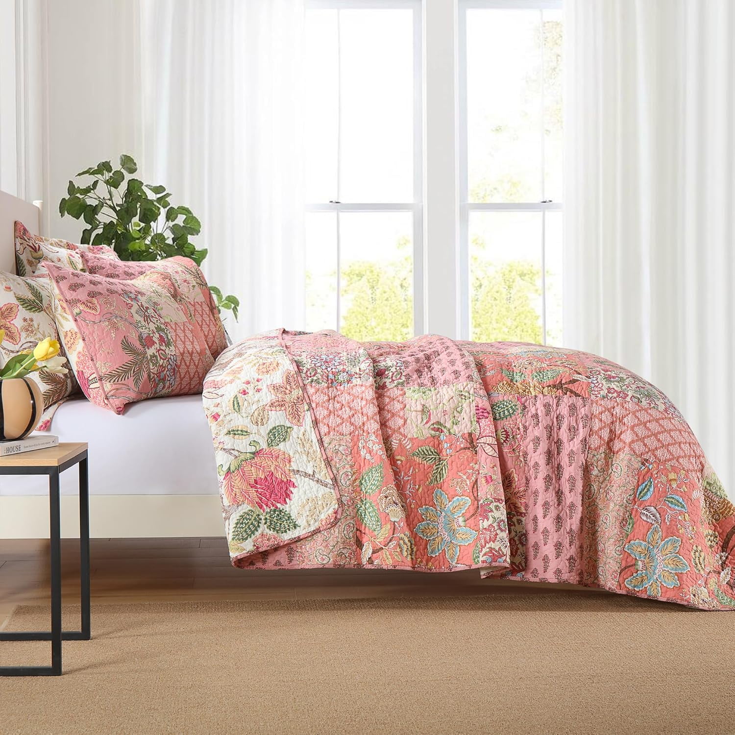 Nordmiex Patchwork Cotton Quilt Set Bohemian Pink Floral Bedding Set, California King