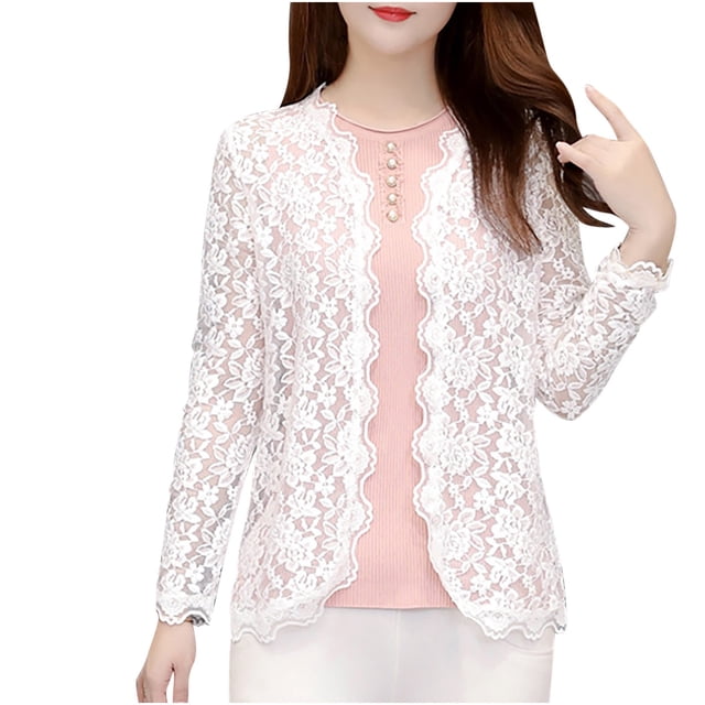AherBiu Women's Floral Lace Cardigan Plus Size Long Sleeve Lightweight Button down Knit Slim Fitted Cardigan
