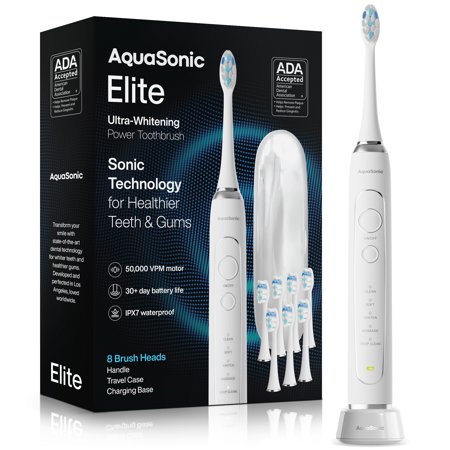 AquaSonic Elite Rechargeable Electric Toothbrush Set - ADA Accepted, 5 Modes, Travel Case, 8 Brush Heads (Optic White)
