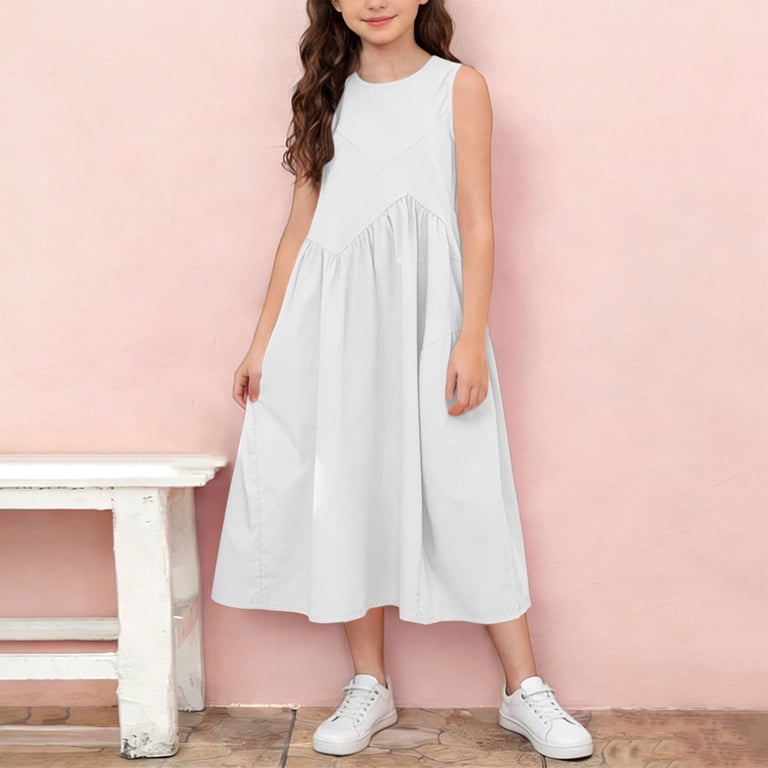 Mitankcoo Cotton Dresses for Girls Crew Neck Sleeveless A-Line Dress Summer Daily Casual & Home 1-15y, Girl's, Size: 7-8 Years, White