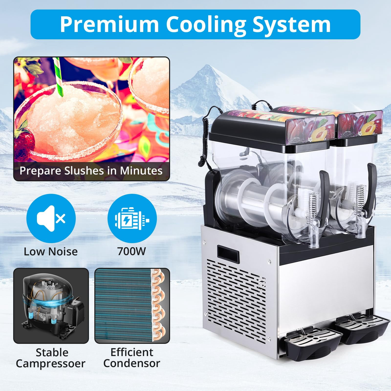 700W Dual Tank Slushie Machine – 15L x 2, Commercial Stainless Steel, Self-Cleaning, High-Speed Frozen Drink Maker for Bar & Home, Black