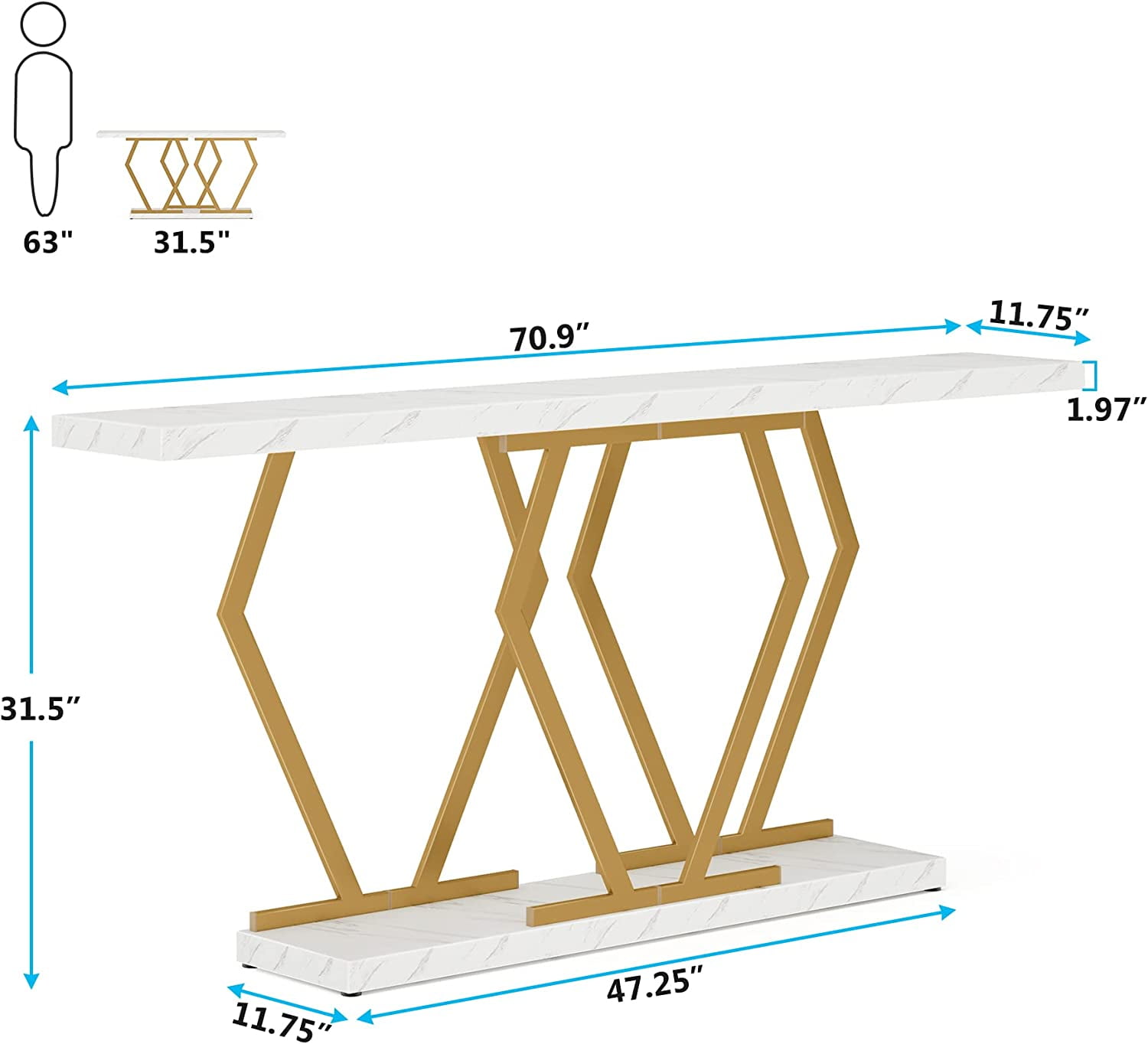 Tribesigns 70.9 Inch Extra Long Sofa Table, Console Table with Faux Marble Tabletop, Modern Long Entryway Table with Metal Frame, White & Gold