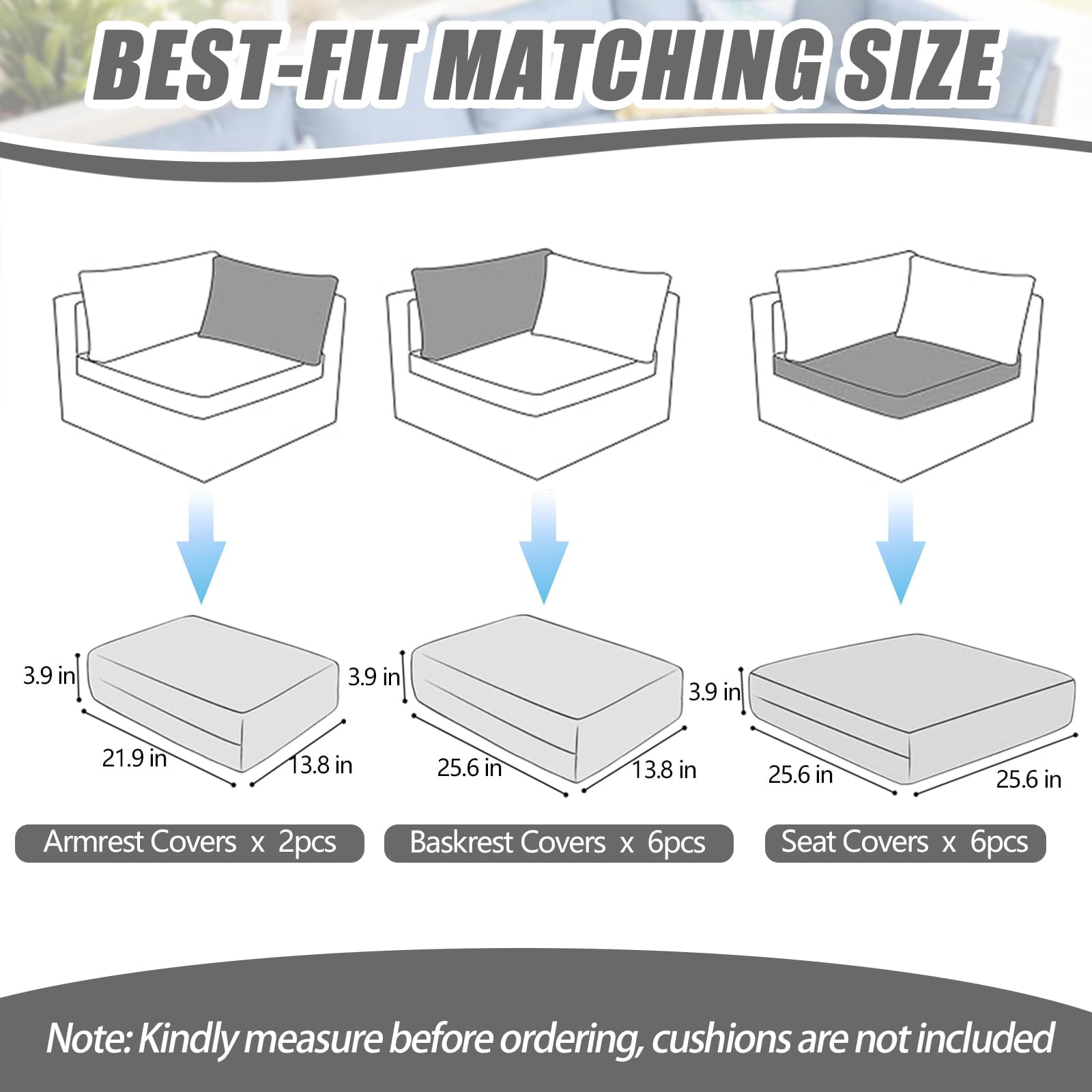 14 Pcs Patio Cushion Covers Replacement Outdoor Couch Cushions Covers Splashproof Sofa Slipcovers Set with Zippers,Patio Furniture Protector, Couch 3 Sizes, Covers Only