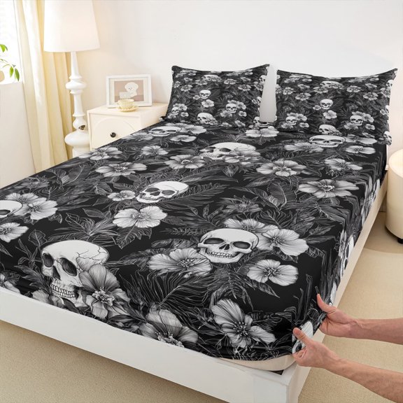Castle Fairy Halloween Skull 4 Pieces Queen Sheet Sets,Gothic Style Ultra Soft Flat Sheet,Chic Flower Queen Fitted Sheet,Microfiber Teenager Bedroom Decor