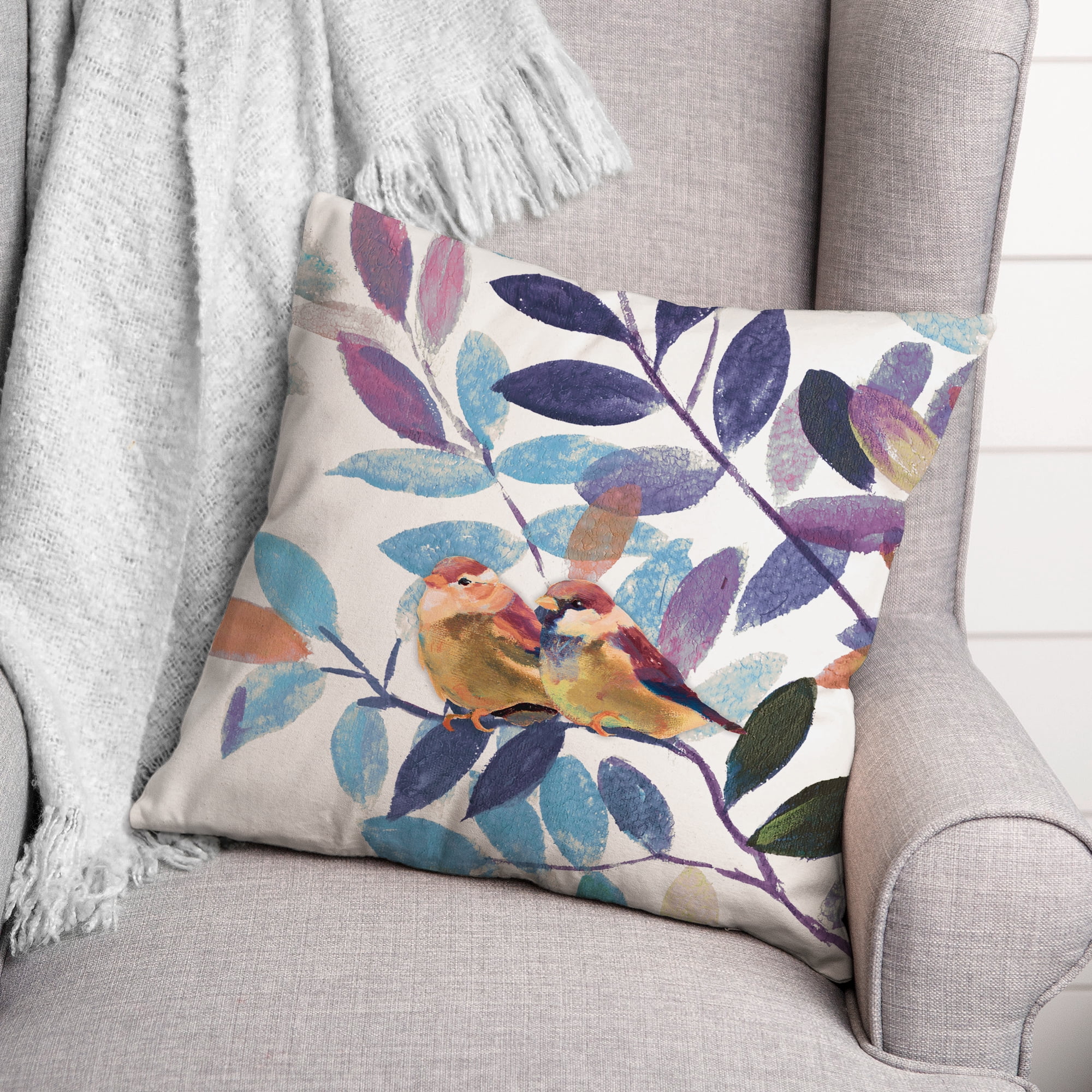 Creative Products Blue and Purple Leaves with Birds 20x20 Indoor / Outdoor Pillow