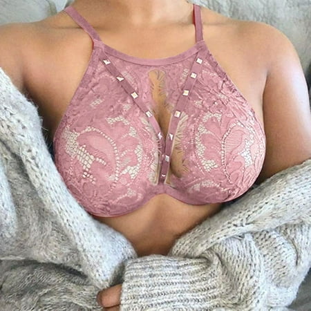 

DNDKILG Lace Bralettes for Women No Underwire Sexy Triangle See Thru Hollow Out Unppaded Bra Pink XL