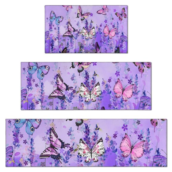 Purple Lavender Butterfly Scene Kitchen Rugs Sets Of 3,Kitchen Runner Rugs Non Skid Washable,Decorative Kitchen Floor Mats for Kitchen,Sink,Laundry,17"x30" 17"x47" 17"x59"