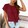 thumbnail image 2 of Ruimatai Women Tie Hem Round Neck Blouse Casual Rolled Cuff Short Sleeve Loose Fit Top for Summer Casual & Date Night Looks, 2 of 7