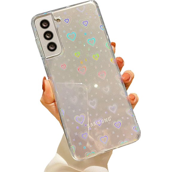 Galaxy S23 Love Heart Case, Cute Clear Laser Glitter Silicone Holographic Love Heart Pattern Slim Protective Shockproof Girls Women Case for Samsung Galaxy S23