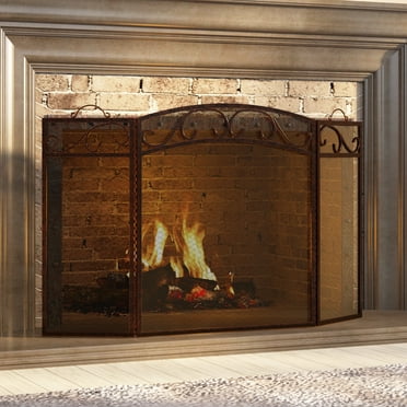 Fire Beauty Fireplace Screen 3 Panel with Handles Wrought Iron 51"(L) x31(H) Spark Guard Cover(Brushed Copper)