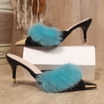 thumbnail image 4 of Womens Kitten Heels Trendy Splice Closed Pointed Toe Plush Stiletto Sandals Elegant Wedding Sexy Backless Pumps Shoes Slip on Slides Blue Size 7, 4 of 6