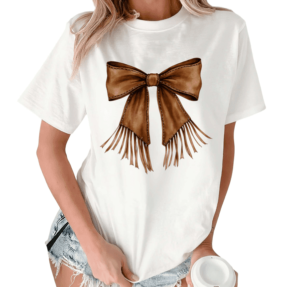 Giffimy Women's Western Fringe Leather Bow Graphic White Short Sleeve T-Shirt S-5XL Fashion Crewneck Top