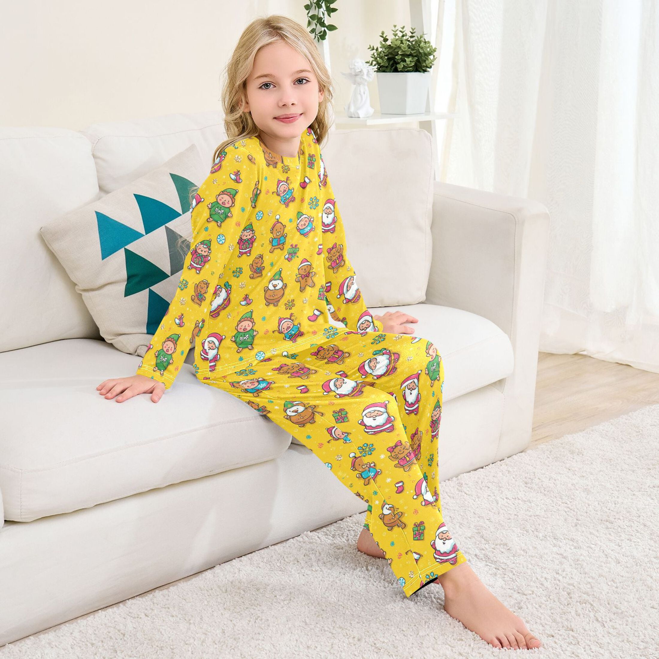 Santa Claus Elves and Gingerbread Men Cozy Soft Long Sleeves Top and Pants 2 Piece Cool Pjs Pajamas Set Sleepwear Size 3-11Y