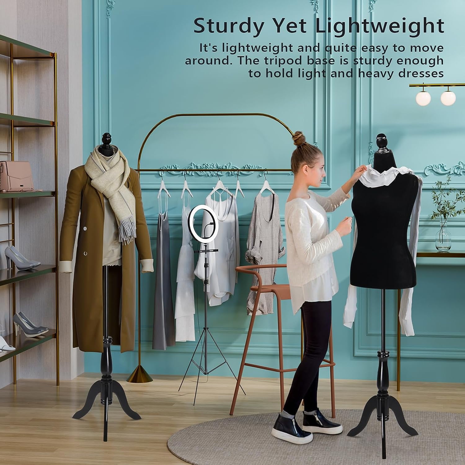 Bonnlo Female Dress Form Pinnable Mannequin Body Torso with Wooden Tripod Base Stand (Black, 10-12)
