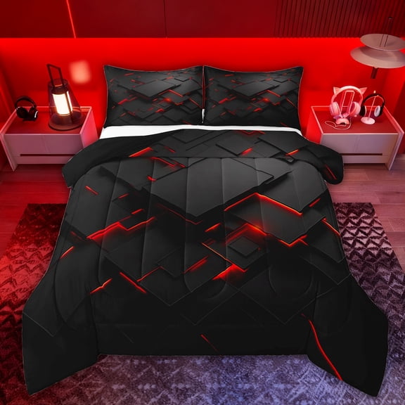 Feelyou Stereoscopic Rectangle Twin Comforter Sets, Black Red Square Bedding Set, 2 Pieces