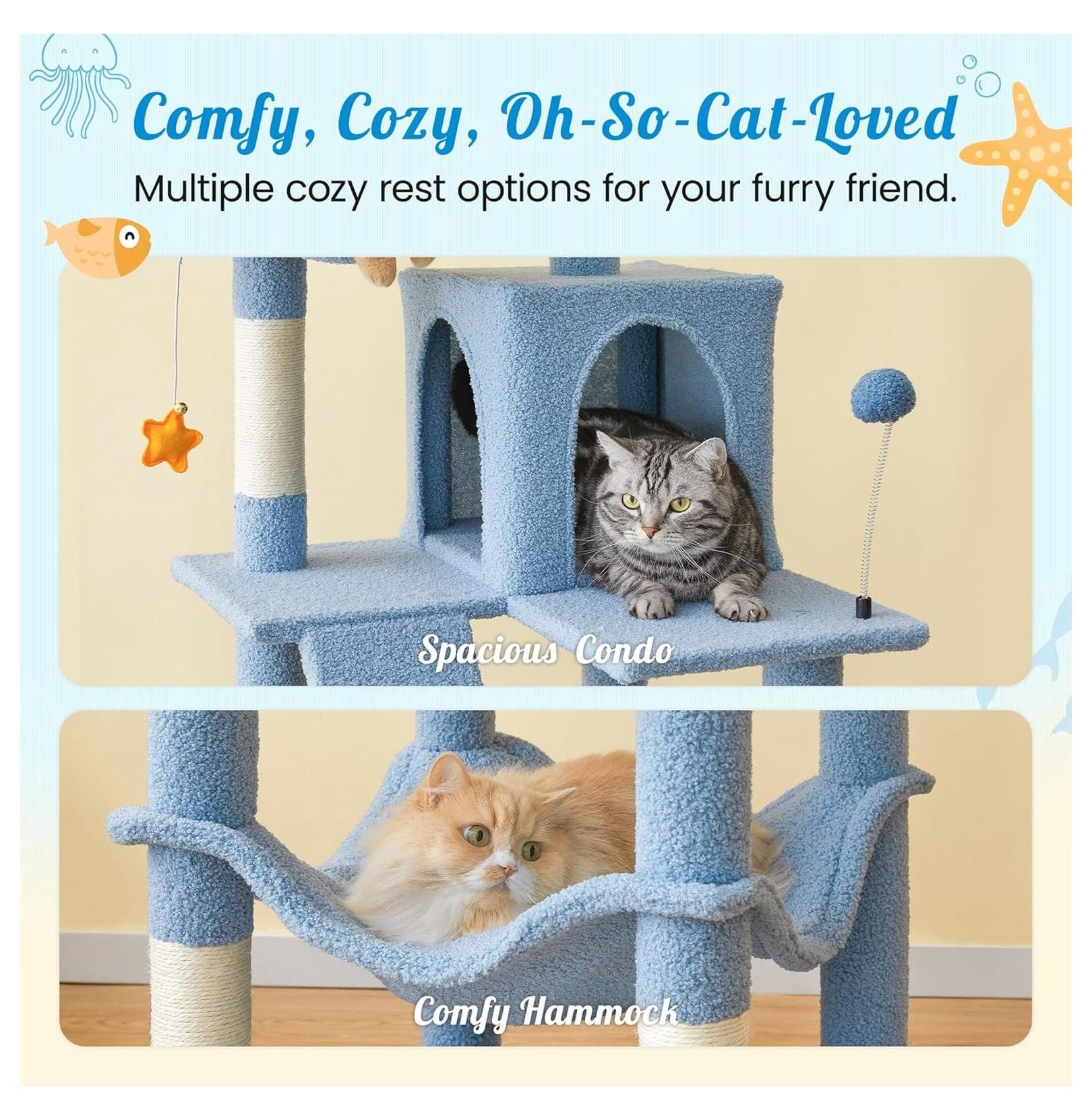 Ocean Cat Tree 70.1 Inch Tall, Multi-Level Cat Tower for Indoor Cats, Blue Plush Condo with Scratching Posts, Hammock & Toys - Large Kitten Activity Center