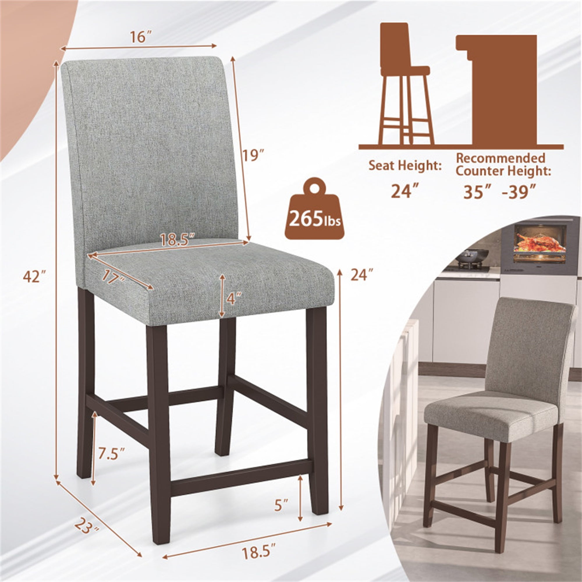 Demi Bonn 25" Set of 2 Counter Height Bar Stools, Modern Dining Chair with Backrests, Gray