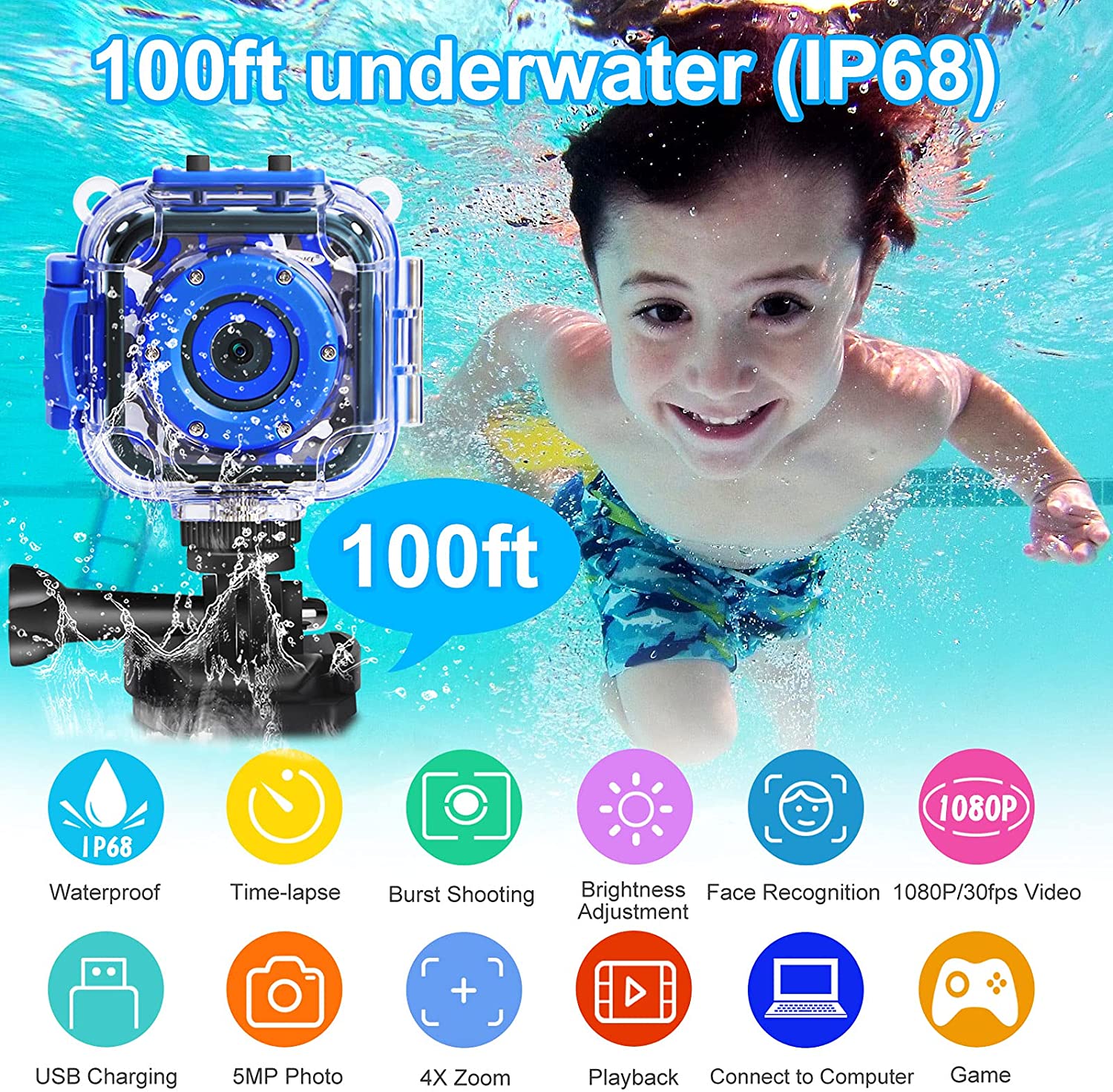 PROGRACE Kids Camera Waterproof IP68 Sports Toy Underwater Camera 1080P  Digital Action Video Camcorder Unisex 1.77''