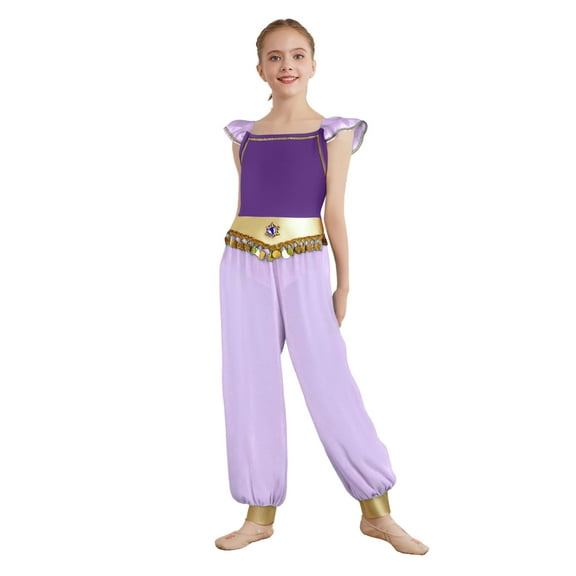 Xnihocha Arabian Dance Jumpsuits for Girls Rhinestone Patchwork Flying Sleeve Chiffon Leotard Purple 12