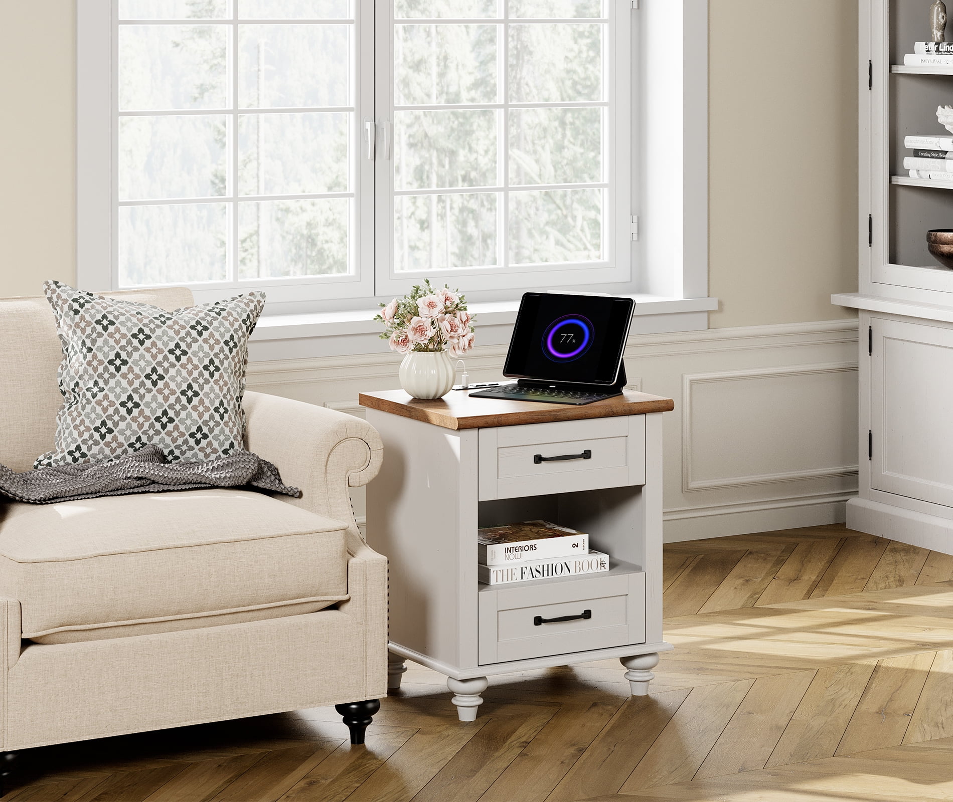 Modern Nightstand with Charging Station, Bedside Table with Drawer, End Table Side Table for Bedroom Living Room, White and Brown