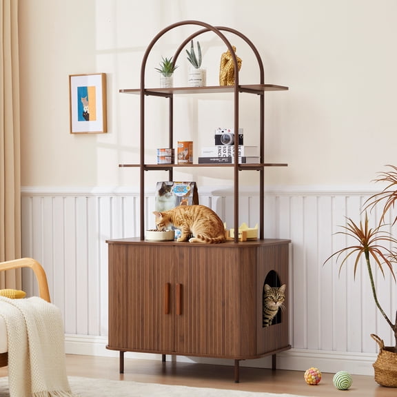 Wirrytor 63" Tall Cat Litter Box Enclosure with Sliding Doors, 3-Tier Hidden Litter Box Cabinet with Anti‑Tip Kit for Living Room, Walnut