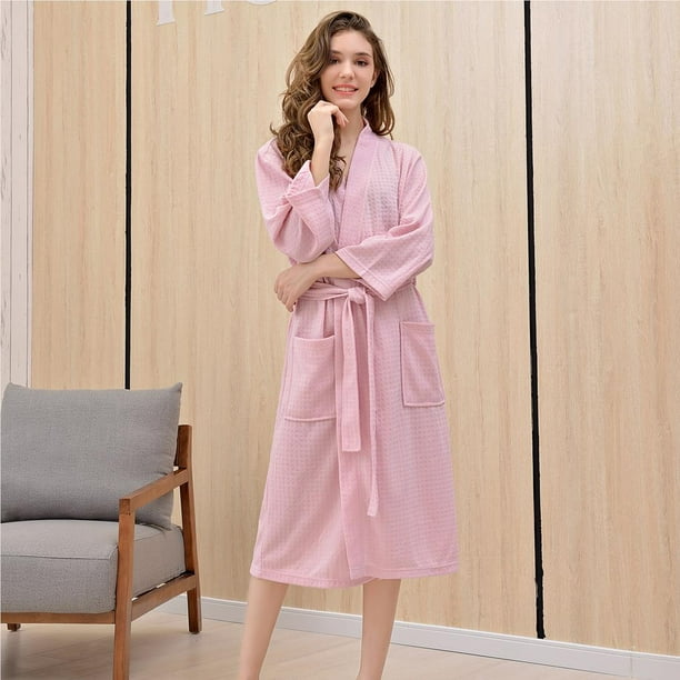 Pink Women’s Full-Length Waffle Robe Comfortable Women's Bath Robe Pink  Polyester Women’s Dressing Gown Ladies Bathrobe Nightwear M / XL / XXXL