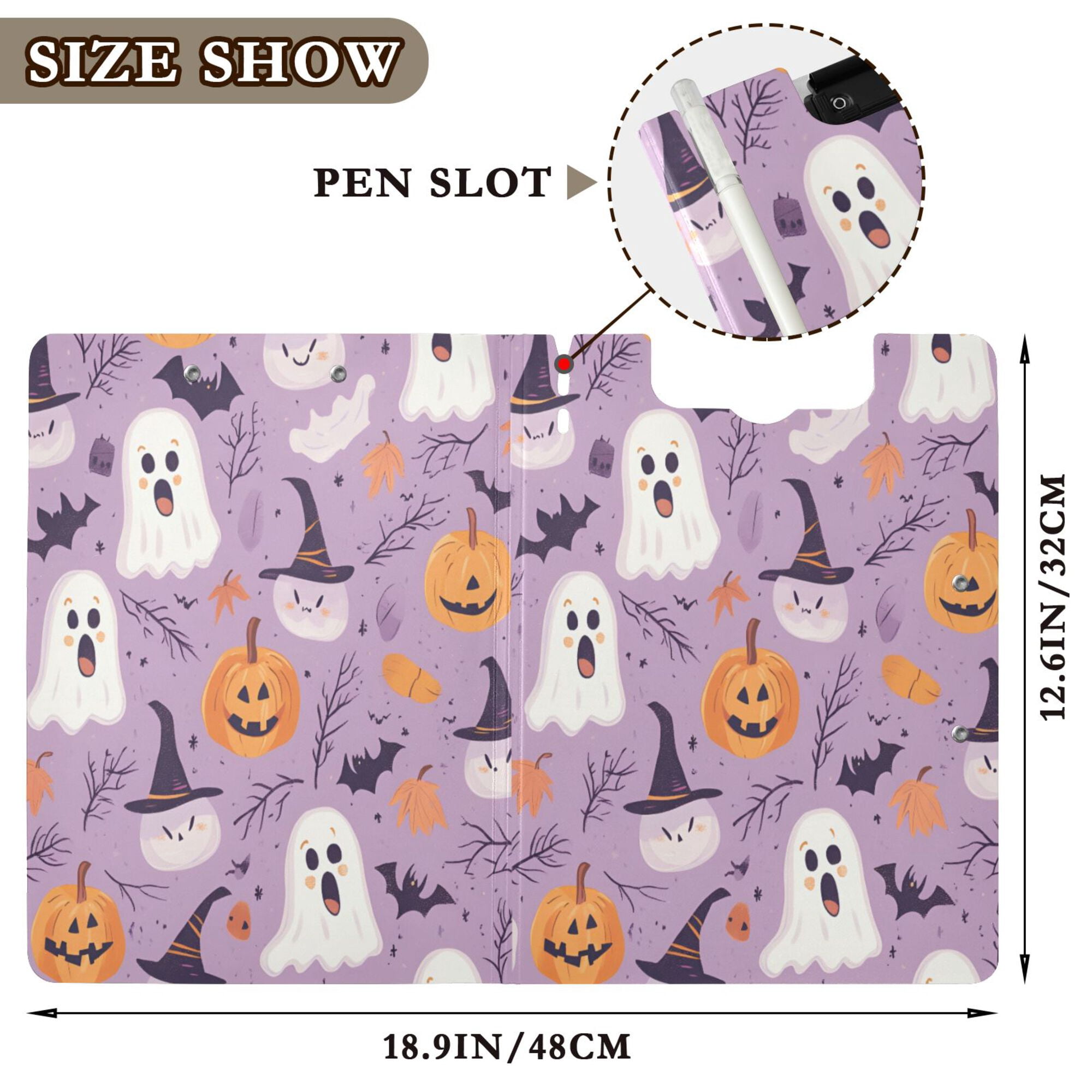 FORMRS A4 Clipboard Folder with Pen Holder Horizontal Foldable School Office Binder, Purple Cute Halloween