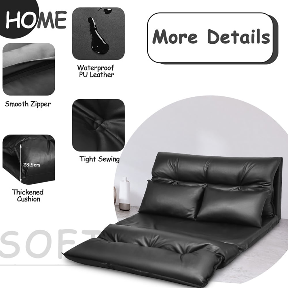 Finihen PU Leather Leisure Floor Sofa Bed, Folding Sleeper Chair Sofa Bed, Foldable PU Leather Leisure Floor Sofa Bed with 2 Pillows, for Living Room, Bedroom, Black Finihen PU Leather Leisure Floor Sofa Bed, Folding Sleeper Chair Sofa Bed, Foldable PU Leather Leisure Floor Sofa Bed with 2 Pillows, for Living Room, Bedroom, Black