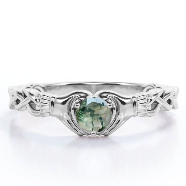 JeenMata Anillo de Compromiso Trenzado con Solitario Claddagh Ágata Verde Musgo Druzy Transparente de Talla Brillante Redonda de 1 Quilate; Baño de Oro Blanco de 18 K sobre Plata