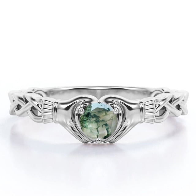 JeenMata Anillo de Compromiso Trenzado con Solitario Claddagh Ágata Verde Musgo Druzy Transparente de Talla Brillante Redonda de 1 Quilate; Baño de Oro Blanco de 18 K sobre Plata