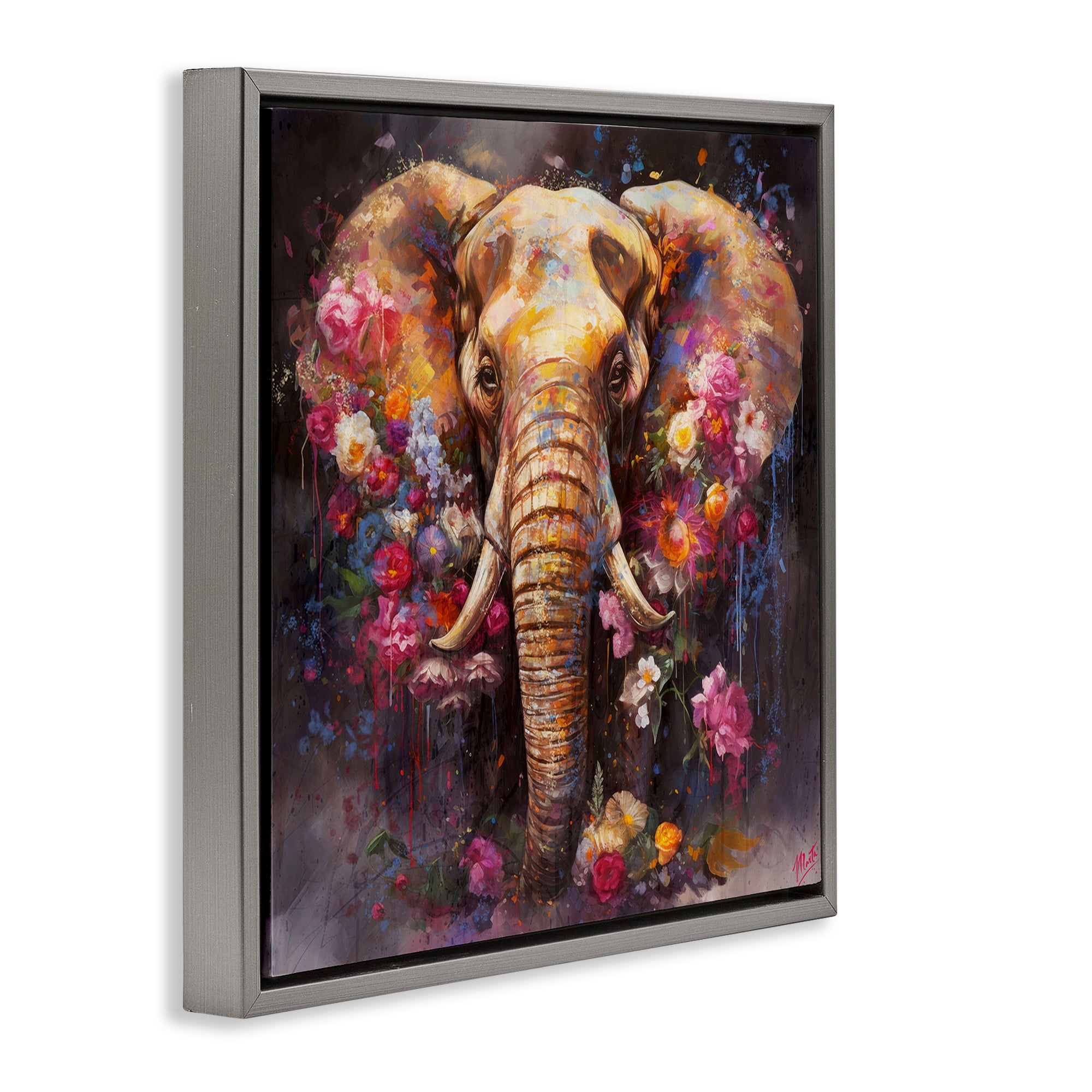 Stupell Industries Flower Swathed Elephant Animals Painting Gray Floater Framed Canvas Art Print Wall Art, 25 x 25