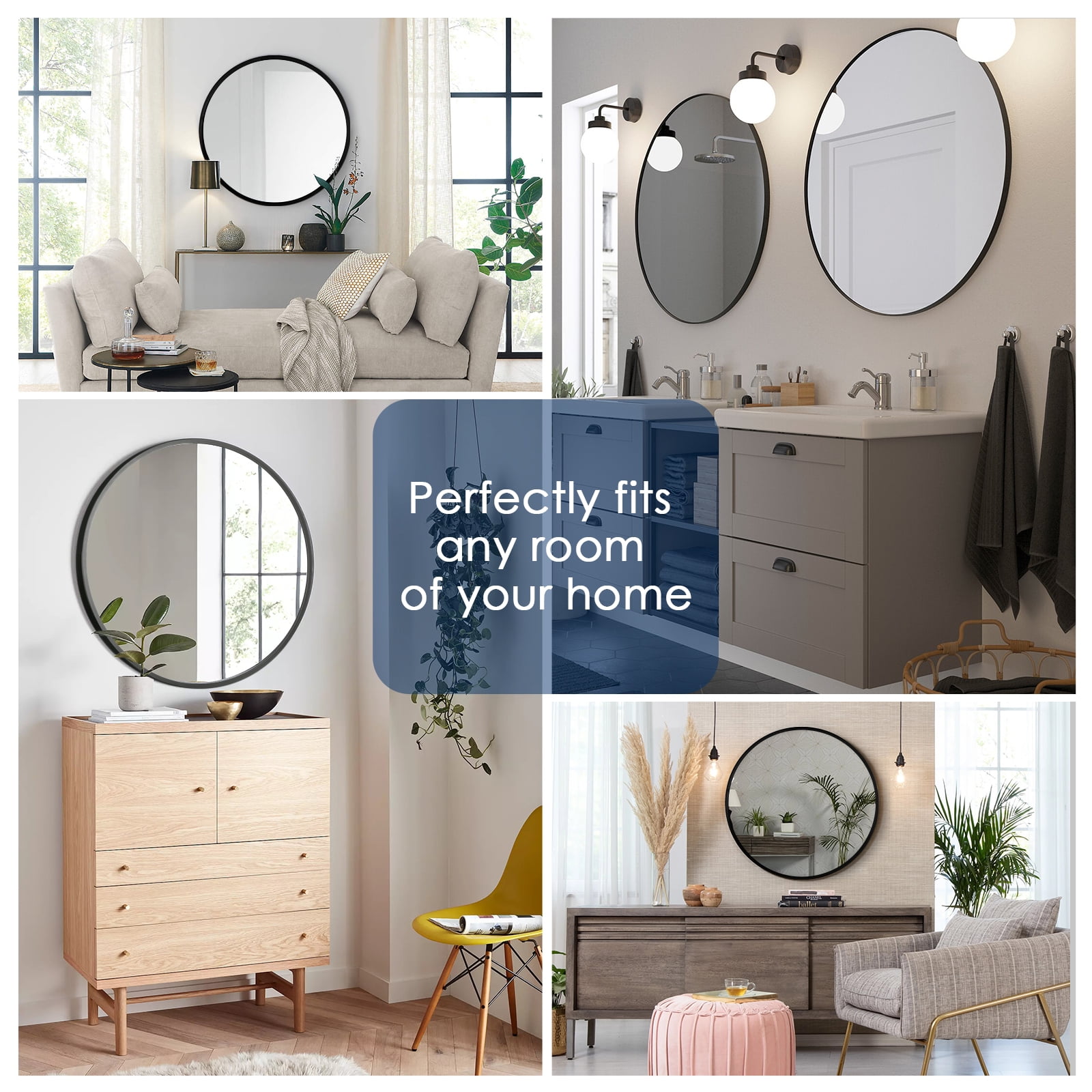 24 inch Black Round Mirror, Wall Mounted Bathroom Mirror with Metal Frame, Modern Home Decor