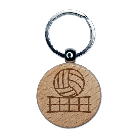 Volleyball and Net Round Keychain Charm Tag - Engraved Wood