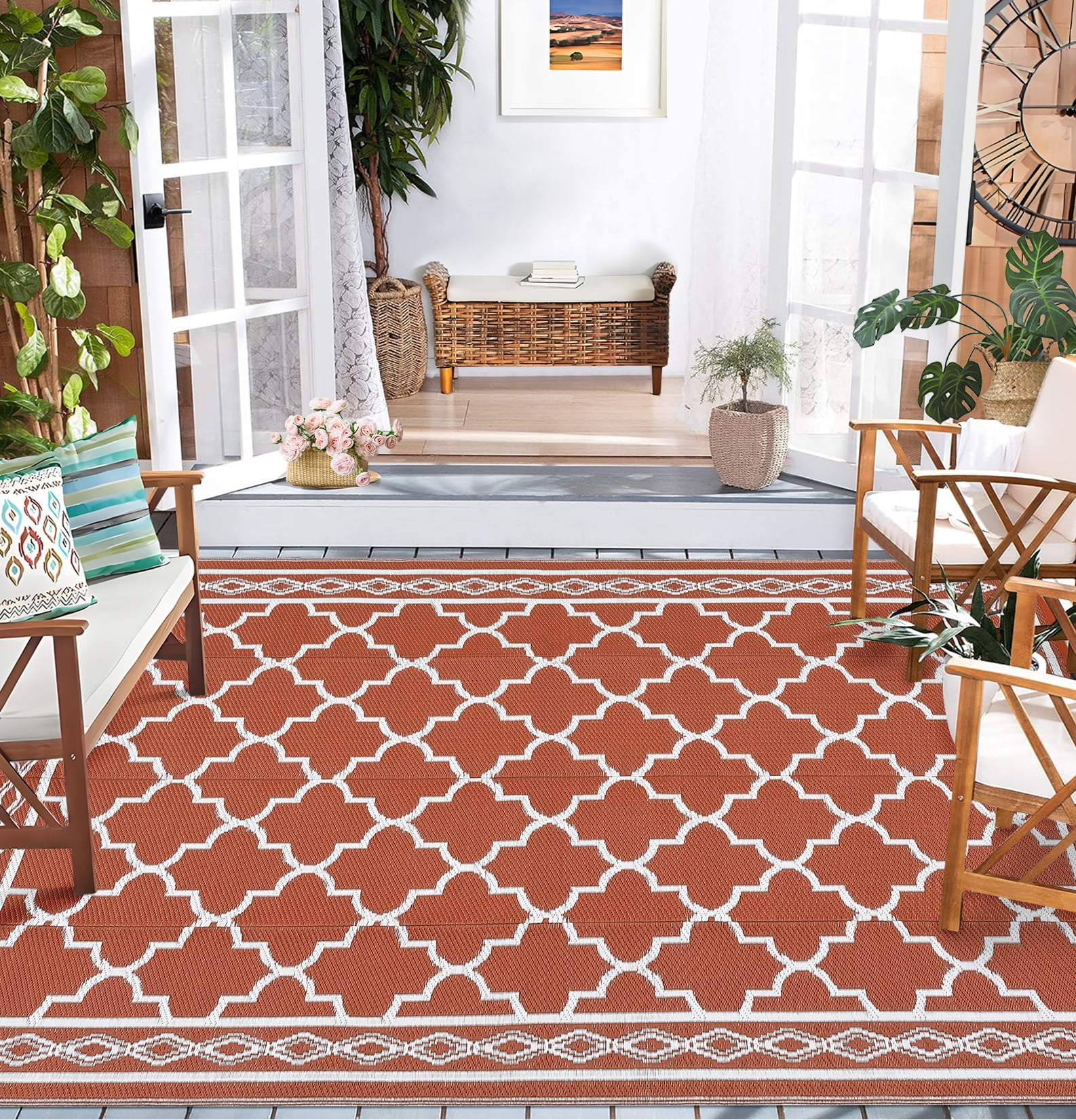 FairOnly 9'x18'Large Reversible Outdoor Area Rug Waterproof Stain Resistant Rugs for RV Trip