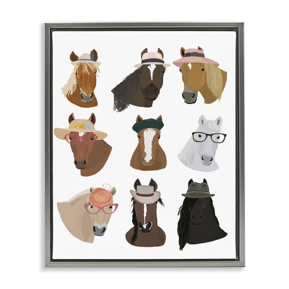 Stupell Industries Contemporary Horses with Various Hats Gray Floating Frame Canvas Art, 17 x 21, by Hanna Melin