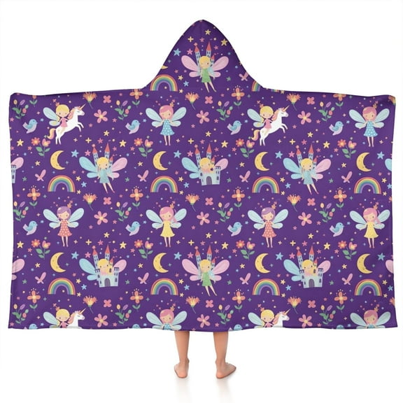 Purple Fairy Unicorn Pattern Hooded Bath Towel，50"x30" for Ages 3 To 12 Kids, Quick Dry Lightweight Soft Microfiber Hood Beach Towel Cover Up for Kids