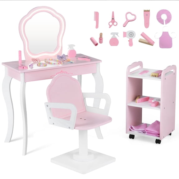 OLAKIDS Kids Vanity with Lights and Barber Chair, Wooden Princess Makeup Dressing Desk with Mirror, Storage Shelf, Toy Accessories, Toddler Table and Chair Set Pretend Playset for Girls Aged 3